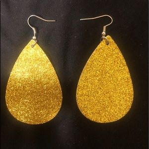 NEW Gold Glitter Faux Leather Tear Drop-Shaped Dangle Earrings